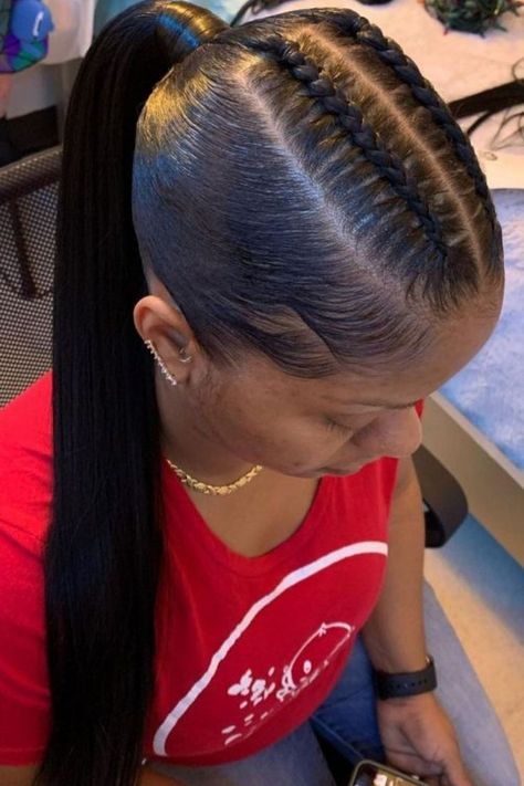 Sleek Mid Ponytail With Front Braids Sleek Back Braided Ponytail Black Women, Front Ponytail Hairstyles, Middle Ponytail, Ponytail Hairstyles With Braids, Ways To Wear Braids, Braid Hair Dos, Long Ponytail Hairstyles, Sleek Braided Ponytail, Long Ponytail