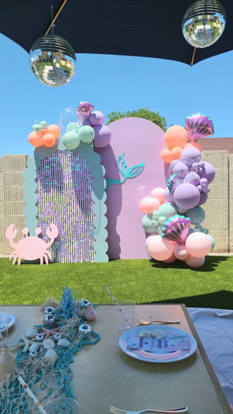 Mermaid picnic theme Birthday Mermaid Decorations, Mermaid Picnic Birthday Party, One Year Mermaid Birthday, Mermaid Party At The Park, Sister Birthday Themes Party Ideas, Mermaid Theme Pool Party, Hello Kitty Mermaid Party, Diy Mermaid Themed Birthday Party, Mermaids Birthday Party Ideas