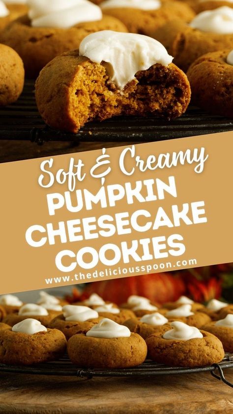 Looking for an easy pumpkin cookie recipe? Try these Pumpkin and Cream Cheese Cookies with rich, creamy centers! Perfect for fall, these soft, spiced cookies are the best treat to enjoy with a cozy drink. Learn how to make these delicious cream cheese-filled pumpkin cookies in no time! Pumpkin Cookies With Cream Cheese Icing, Pumpkin Cream Cheese Cookies, Pumpkin And Cream Cheese, Cheese Cookies Recipe, Pumpkin Cheesecake Cookies, Pumpkin Cookies Easy, Spiced Cookies, Pumpkin Spice Treats, Pumpkin Cookie Recipe