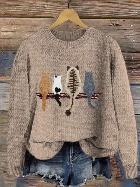 Old Sweater Crafts, Winter Cat, Buy Sweaters, Halloween Women, Cat Print, Casual Sweatshirt, Long Sleeve Sweatshirts, Knit Crochet, Sweaters & Cardigans