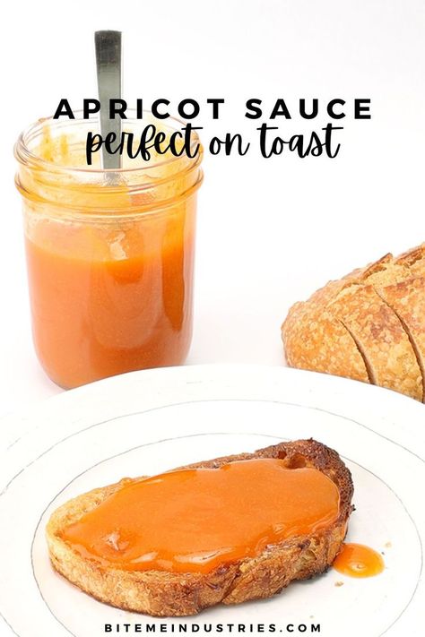 Slice of toast with apricot sauce on a plate with the mason jar of fruit sauceTw What To Do With Apricots, Recipes With Apricots, Apricot Recipes Dinner, Apricot Recipes Fresh, Apricot Filling Recipe, Homestead Meals, Apricot Preserves Recipe, Apricot Sauce Recipe, Apricot Filling