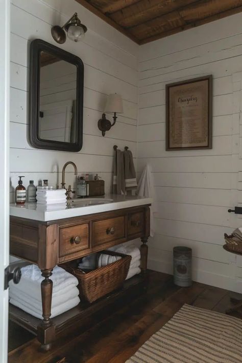 28 Inspiring Farmhouse Bathrooms Mixing Modern And Farmhouse, Small Farmhouse Bathroom, Wooden Beams Ceiling, Farmhouse Bathroom Design, Rustic Wooden Shelves, Farmhouse Bathroom Vanity, Modern Flooring, Cottage Bathroom, Country Bathroom