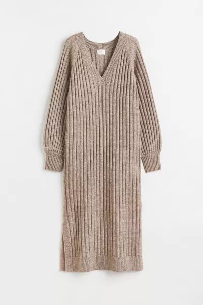 Plaid Wrap Dress, Black Turtleneck Dress, Wool Knitted Dress, Rib Knit Top, Calf Length Dress, Dress Beige, Ribbed Knit Dress, Ribbed Dresses, Turtle Neck Dress