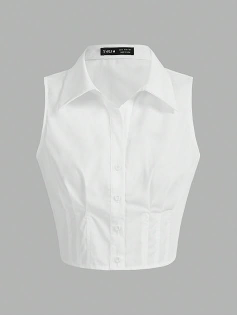 White Casual Collar Sleeveless Woven Fabric Plain Shirt Embellished Non-Stretch  Women Clothing Button Up Shirt Crop Top, Sleeveless Shirts For Women, Sleeveless Button Up, Sleeveless Shirt Pattern, Jjk Uniform, Outfits Blancos, Sleeveless White Shirt, Sleeveless Collared Shirt, Sleeveless Button Up Shirt