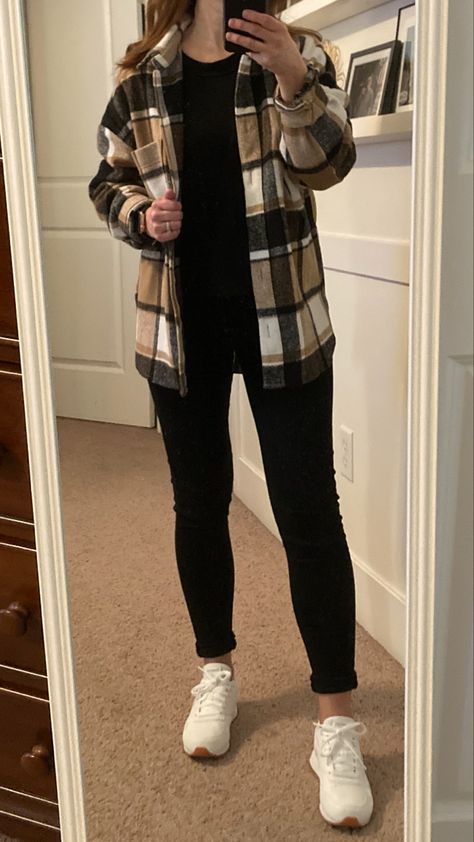 Black Jeans And Plaid Shirt Outfit, Mom Jeans Flannel Outfit, Black Jeans And Flannel Outfit, Brown Flannel Shacket Outfit, Black White Check Shirt Outfit, Black And White Check Shirt Outfit Women, Black Check Shirt Outfit Women, Black And White Shacket Outfit, Red And Black Flannel Outfit