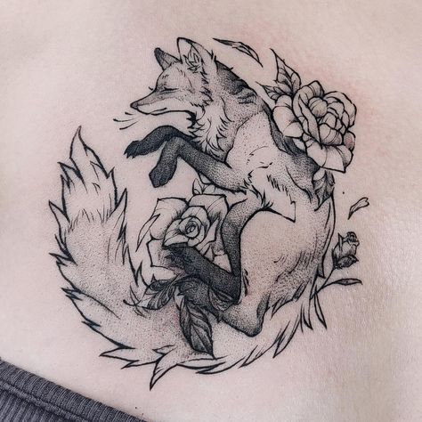 fox tattoo design • Instagram Beautiful Animal Tattoos, Two Foxes Tattoo, Arctic Fox Tattoo, Fox Chest Tattoo, Fox Tatoos, Fox Drawing Tattoo, Cute Fox Tattoo, Aesthetic Fox Tattoo, Fox Moon Tattoo