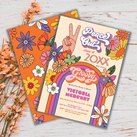 Looking for unique retro graduation invitations? Our collection features vintage designs perfect for celebrating your academic milestone in style. Stand out with our customizable retro-themed invites! 🎓✨ #retrograduationinvitations #vintagegradinvites #throwbackgraduation #retrocelebration #nostalgiainspired #graduationpartyideas #retrovibes #uniqueinvitations #classof2022 #celebrateinstyle Retro Graduation Party, Flower Power Party, Floral Graduation Party, Hippie Party, Graduation Party Themes, Graduation Party Planning, Power Design, Grad Invitations, Graduation Invitations Template