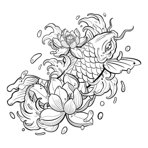 Black tattoo koi fish on white backgroun... | Premium Vector #Freepik #vector #japanese-koi #koi #japanese-tattoo #chinese-fish Fine Line Koi Fish Tattoo, Koi Fish Tattoo Black, Fish Tattoo Black, Tattoo Koi Fish, Koi Fish Tattoo Design, Japanese Snake, Tattoo Chinese, Tattoo Koi, Back Tattoo Women Spine