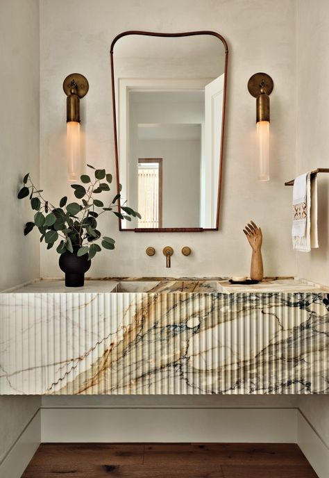 Fluted Marble, Luxe Magazine, Luxury Bathroom Design, Powder Room Sink, Powder Room Vanity, Powder Room Design, Marble Sinks, Marble Vanity, Austin Homes