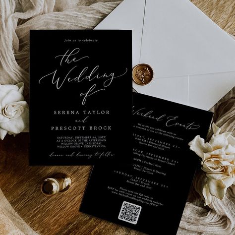 Delicate Dark Black Weekend Events QR Code Wedding Invitation Wedding Schedule Of Events, Summer Calligraphy, Modern Destination Wedding, Weekend Schedule, Moody Design, Schedule Of Events, Wedding October, Qr Code Wedding, Wedding Schedule