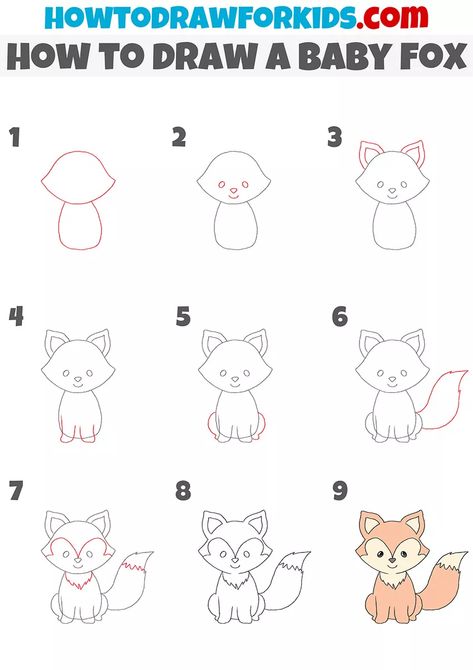 How to Draw a Baby Fox - Easy Drawing Tutorial For Kids How To Draw A Cute Fox Easy, How To Draw A Fox Easy Step By Step, Fall Animal Drawing Easy, Fox Step By Step Drawing, Cute Easy Fox Drawings, Wild Animals Drawing Easy, Forest Animal Drawings Easy, Fox Drawing Easy Step By Step, Cartoon Fox Drawing Easy