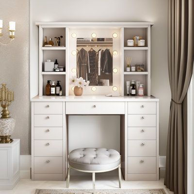 Vanity with white exterior and golden handle is suitable for every home style and perfectly complements all kinds of furniture. This dresser with mirror will be an perfect gift for your girlfriend, wife, daughter, also a great gift for Valentine's Day, Mother's Day or Christmas. | Latitude Run® Zackry Vanity in White | 59" H X 45.3" W X 15.7" D | Wayfair Dresser And Mirror Ideas, Vanity Inside Closet, Vanity In Closet, Bathroom Makeup Vanity Ideas, Desk Vanity, Closet Vanity, Bedroom Makeup Vanity, Vanity Dresser, Dresser Vanity