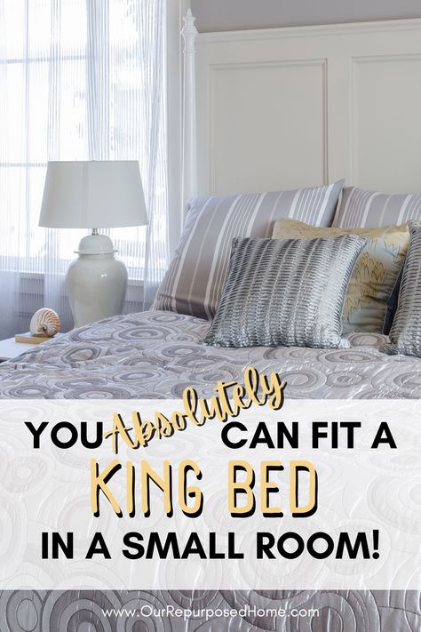 king size bed in a small bedroom.  How to make the most of your space. Cozy Bedroom King Size Bed, Small Master King Bed Bedroom Ideas, Tiny Bedroom Big Bed, Bedroom Ideas For Small Rooms With King Size Bed, Maximizing Bedroom Space, Bedrooms With King Size Beds Ideas, King Size Bed In A Small Bedroom, King Size Bed In Corner Of Room, Big Bed Small Room Ideas Layout