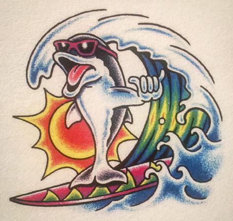 Cherry Creek Tattoo Flash, 90s Tattoo Flash, Surf Cartoon, Surfing Tattoo, 90s Tattoos, 13 Tattoo, Surf Tattoo, Pig Tattoo, Summer Tattoo