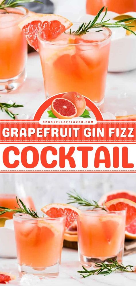 Grapefruit Gin Fizz Cocktail, holiday cocktail recipes, alcoholic drinks Gin And Grapefruit, Easy Fruit Cocktails, Light Summer Drinks, Recipes With Fruit Cocktail, Gin Drink Recipes, Grapefruit Drink, Gin Fizz Cocktail, Fizz Cocktail, Grapefruit Cocktail