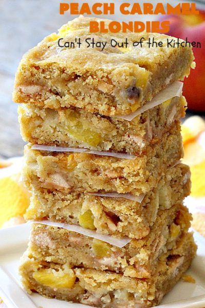 Peach Caramel Blondies | Can't Stay Out of the Kitchen | these lovely #cookies are divine! They're filled with fresh #peaches & #Ghirardelli #caramel chips. Terrific fall #dessert. #peachdessert #CANbassador #WashingtonStateFruitCommission #WashingtonStateStoneFruitGrowers Peach Cookie Bars, Peach Blondies Recipe, Fresh Peach Cookies, Peach Blondies, Fresh Peach Desserts, Baking Bars, Caramel Blondies, Blondies Brownies, Peach Caramel