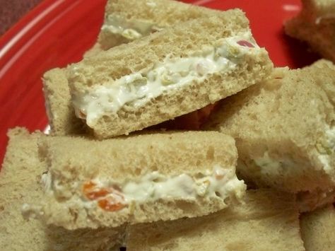 Cream Cheese And Olive Party Sandwiches Recipe - Food.com Onion Sandwich Recipe, Ribbon Sandwiches, Party Sandwiches Recipes, Tea Party Sandwiches, Soup Appetizers, Party Sandwiches, Sandwich Spread, Mini Sandwiches, Finger Sandwiches