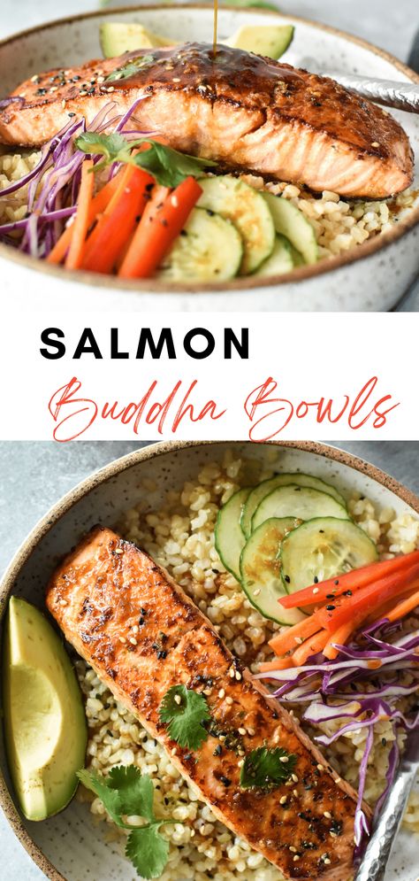 Budha Bowls Mediterranean, Fish Buddha Bowl, Salmon Lunch Bowl, Salmon Buddha Bowl Recipe, Salmon Bowl Sauce, Salmon And Quinoa Recipes, Budda Bowl Recipe, Shrimp Buddha Bowl, Salmon Bowls Healthy