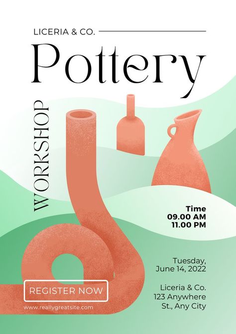 Modern and Creative Pottery Workshop Template Design, This customizable Canva template allows you to design fresh, interesting social content with a uniform look and feel that aligns with your brand at all times, this template can reach many audiences because very eye-catching. Get this template for free. Keywords: pottery, workshop, class, course, lesson, event, handcraft, ceramic, art, craft, information, announcement, marketing, education Class Poster Design, Workshop Template, Workshop Poster, Creative Pottery, Modern Exhibition, Announcement Poster, Class Poster, Pottery Lessons, Poster Template Design