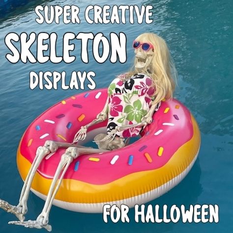 Skeleton Campfire Yard Display, Beach Skeleton Halloween, Best Skeleton Displays, Funny Things To Do With Skeletons For Halloween, Ideas For Skeleton Decorations, Halloween Skeleton Yard Displays, 7ft Skeleton Ideas, Decorated Skeleton Ideas, Funny Halloween Displays