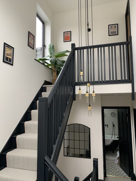 Stairs And Hallway Ideas, Black Staircase, Stairs Renovation, Wimborne White, Farrow & Ball, Hallway Colours, Stairs Design Interior, House Staircase, Hallway Inspiration