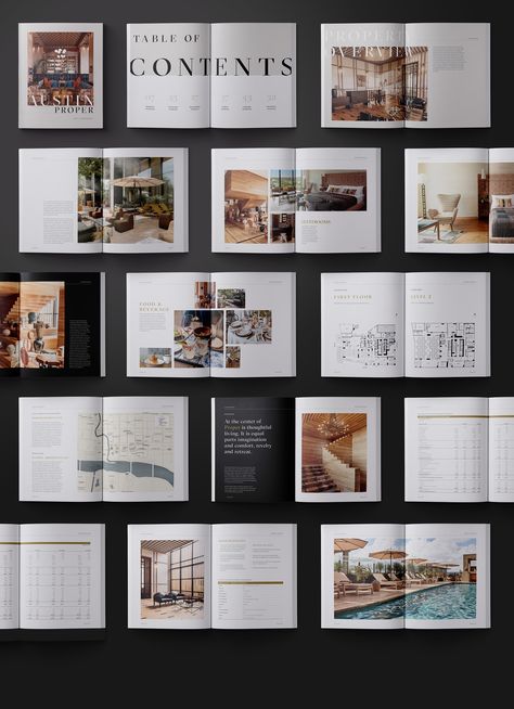 Austin Proper_Luxury Brochure Design :: Behance Contemporary Brochure Design, Hotel Booklet Design, Elegant Brochure Design Layout, Hotel Magazine Design, Sophisticated Brochure Design, E Brochure Design, Property Booklet Design, Real Estate Magazine Design, Residential Brochure Design