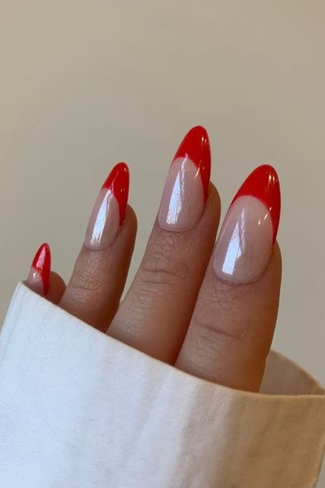 Labor Day Nails, nail ideas, labor day nail ideas, red white blue nails, patriotic nails, end of summer nails, summer nails, fall nails, nail ideas, glazed donut nails, Glazed Red French Tip Nails Glazed Donut French Tip, Red Tip Nails, Hailey Bieber Nails, Bieber Nails, Glazed Donut, Candy Red, Red Nail Designs, Cat Kuku, Minimalist Nails