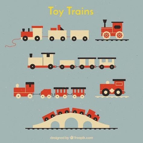 Pack of toy trains in flat design Free V... | Free Vector #Freepik #freevector #vintage #travel #design #train Christmas Toy Train, Train Cartoon, Noma Bar, Chugga Chugga Two Two, Train Vector, Flower People, Train Drawing, Train Illustration, The Finder