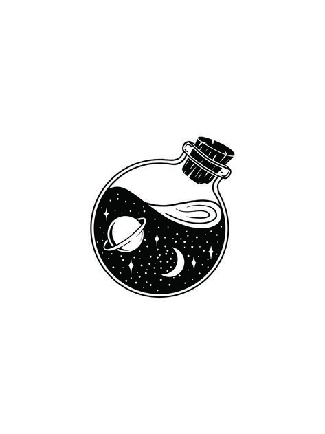 Space In A Bottle Tattoo, Retro Futuristic Tattoo, Space Bottle, Chemistry Tattoo, Tree Frog Tattoos, Ear Tattoo Ideas, Bottle Tattoo, Whimsical Patterns, Minimalist Drawing