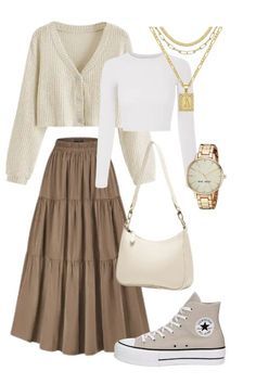 Outfits Ideas Long Skirt, Top Ideas For Skirts, Long Skirts And Cardigans, Fit With Long Skirt, Style Beige Skirt, Outfit For Long Skirt, Tops To Pair With Skirts, Long Aesthetic Skirt, Modest Fairycore Outfits