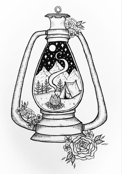 Drawing Ideas Camping, Camping Ink Drawing, Drawing Ideas Outdoors, Camping Lantern Drawing, Camping Zentangle, Wander Drawing Ideas, Camping Scene Drawing, Camping Sketch Drawings, Camping Scene Tattoo