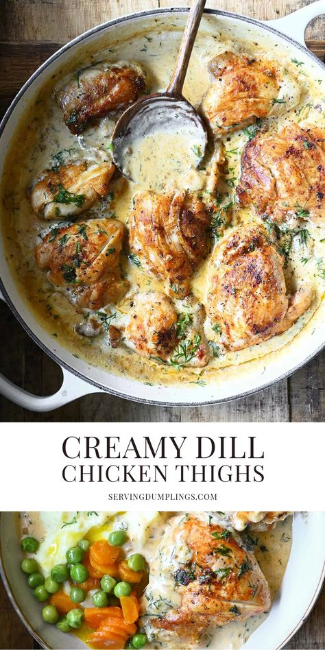 Creamy Dill Chicken Thighs Creamy Dill Chicken, Dill Chicken, Over Mashed Potatoes, Chicken Thighs Recipes, Chicken And Cabbage, Creamy Garlic Chicken, Dill Sauce, Vegetarian Appetizers, Family Dinner Recipes