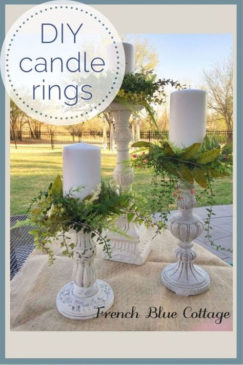 I wanted a set of these candle rings, but just couldn't do the price. So, I made some of my own. Here's a tutorial for making your own candle rings. They turned out so cute and were an easy DIY project. #howtomakecandlerings #candlerings #diycandle Candle Rings Diy, Expensive Candles, Spring Greenery, Smelling Candles, Candle Stick Decor, Spa Candle, Church Candles, Blue Cottage, Diy Candle Holders