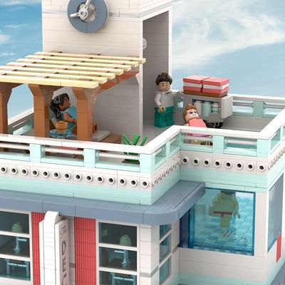 LEGO IDEAS - The Deco Beach Hotel Lego Beach, Lego Hotel, Art Deco Hotel, Hotel Ideas, Ocean Drive, Luxury Suite, Building Techniques, Lego Building, Beach Hotel