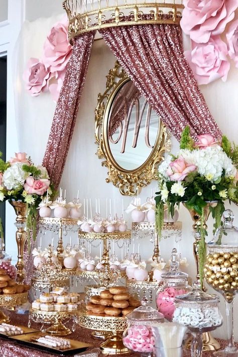 Pink And Gold Dessert Table, Gold Dessert Table, Candy Table Decorations, Plated Cake, Sweet 15 Party Ideas Quinceanera, Sweet 15 Party Ideas, Quince Themes, Gold Dessert, Quinceanera Planning