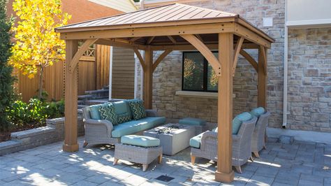 12 x 12 Wood Gazebo With Aluminium Roof - Yardistry Structures - Gazebos, Pavilions and Pergolas Cedar Gazebo, Aluminium Roof, Diy Gazebo, Wooden Gazebo, Stone Patio, Backyard Gazebo, Pergola Design, Backyard Pavilion, Beer Cooler