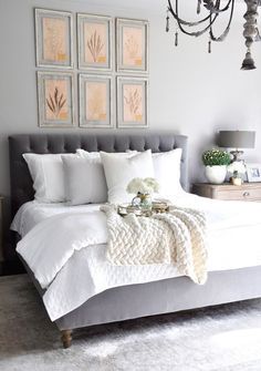 Dreamy white bedding and gray tufted headboard Grey Bed, Grey Bed Frame, Grey Headboard, Casa Vintage, Grey Bedroom, Gray Bedroom, Bedroom Headboard, Chic Bedroom, Grey Bedding