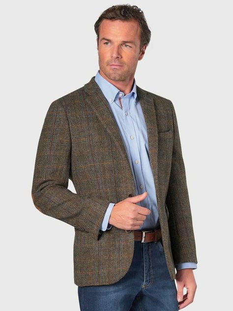 HARRIS TWEED Sumburgh Jacket - Mens - Mid-Brown with Check Men’s Tweed Suit, Tweed Jacket Outfit Mens, Sports Jacket Outfit Men, Mens Fashion Blazer Casual Classy, Tweed Blazer Men, Sports Jacket Outfit, Die Workwear, Tweed Jacket Men, Brown Jacket Men