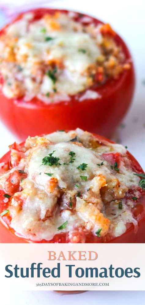 Three Cheese Stuffed Tomatoes 12 Tomatoes, Vegetable Italian Recipes, Recipes With Big Tomatoes, Recipe That Uses Lots Of Tomatoes, Healthy Snacks With Tomatoes, Sausage Stuffed Tomatoes, Stuffed Roasted Tomatoes, Tomato Dish Recipes, Healthy Stuffed Tomatoes