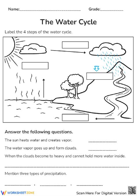 There are four steps in the water cycle. Explore it with this engaging worksheet right now! #watercycle #science #diagrams #water #environment #stages #livingthings #pdfs #worksheets #printables #answerthequestions #labelling #process #steps Water Cycle Diagram Science, The Water Cycle Worksheet, Water Cycle Printable, Water Cycle Diagram, Water Cycle Worksheet, Water Lessons, Science Diagrams, Water Environment, The Water Cycle