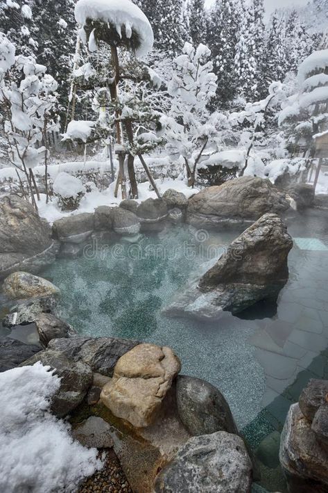 Snow Hot Springs, Snowy Hot Springs, Winter Hot Springs, Hot Spring Aesthetic, Japanese Asethic Wallpaper, Japanese Asethic, Hot Springs Winter, Pretty Locations, Villain Romance