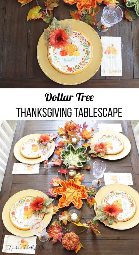 Dollar Tree Thanksgiving Tablescape. Create a beautiful and affordable fall Thanksgiving table using party supplies found at Dollar Tree. #dollartree #Thanksgiving #laurascraftylife Dollar Tree Thanksgiving, Thanksgiving Table Settings Dollar Store, Thanksgiving Table Settings Centerpieces, Tree Thanksgiving, Thanksgiving Decorations Diy Table, Thanksgiving Table Settings Diy, Thanksgiving Decorations For Home, Fun Table Settings, Thanksgiving Dinner Table Decorations