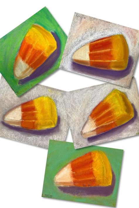 Five similar but different chalk pastel paintings of candy corn. Halloween Art Lessons, Thanksgiving Art Projects, Halloween Art Projects, Chalk Pastel Art, Elementary School Art, Middle School Art Projects, Fall Art Projects, 6th Grade Art, Reflected Light