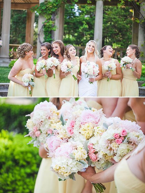 Light Pink And Yellow Wedding, Pink And Yellow Bridesmaid Dresses, Light Yellow Bridesmaid Dresses, Seaside Manor, Yellow And Pink Wedding, Yellow Bridesmaids Dresses, Light Yellow Weddings, Pink And Yellow Wedding, Flower Combinations