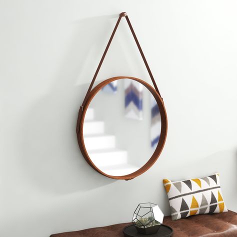 Langley Street Caesar Traditional Distressed Wall Mirror & Reviews | Wayfair Mirror With Leather Strap, Mirrors With Leather Straps, Jamie Young, Leather Wall, Wood Wall Mirror, Accent Mirror, Modern Bathroom Vanity, Round Wall Mirror, Modern Accents