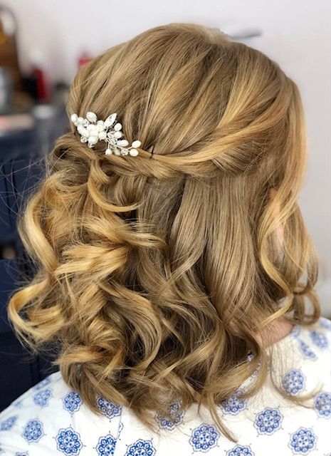 Fancy Mid Length Hairstyles, Lob Hairdos Half Up, Bridal Hair Half Up Half Down Mid Length, Wedding Hairstyles For Mid Length Hair Half Up Half Down, Ball Hairstyles Shoulder Length, Mid Length Hair Curls Wedding, Mother Of The Bride Hair Styles For Shoulder Length Hair, Mother Of Bride Hairstyles Medium Length Half Up, Mother Of The Bride Hair Mid Length