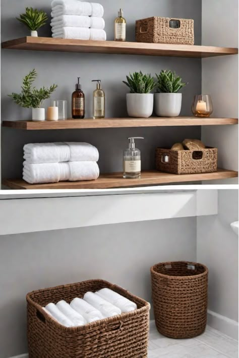 Small bathroom with clever storage solutions Ensuite Bathroom Ideas Master Bedrooms Floating Shelves, What To Put On The Back Of The Toilet, Shallow Bathroom Shelves, Organizing Open Bathroom Shelves, Modern Farmhouse Small Bathroom Ideas, Bathroom Shelving Styling, How To Store Toilet Paper In Bathroom, Organizing Bathroom Shelves, Hidden Organization Ideas