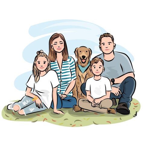 Custom-illustrated portrait of five. Family Drawing Illustration, Custom Illustrated Family Portrait, Illustrated Family Portrait, Portraits Illustrés, Dog Portraits Art, Custom Portrait Illustration, Friends Illustration, Family Drawing, Portrait Cartoon