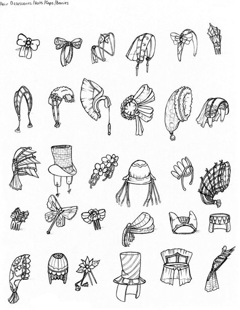 Hair Accessories Drawing Ideas, Clothing Accessories Drawing, Cool Hats Drawing, Anime Hair Accessories Drawing, Character Accessories Design Reference, Drawing Hair Accessories, Cute Hair Accessories Drawing, How To Draw Hair Accessories, Head Accessories Drawing Reference