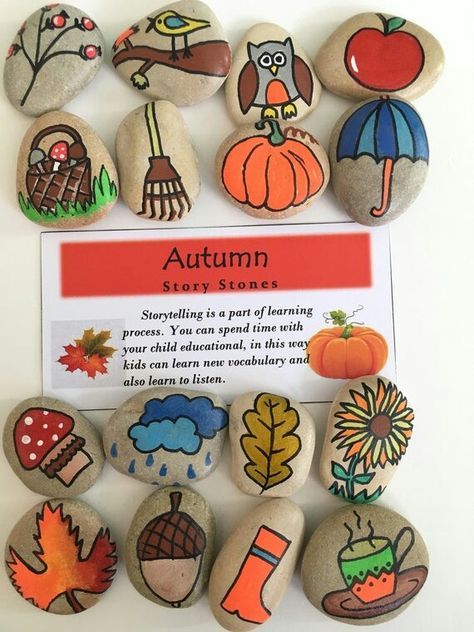 Pebble Ideas, Story Rocks, Autumn Story, Create A Story, Fall Rock, Story Stone, Story Stones, Busy Boxes, Rock Painting Ideas Easy